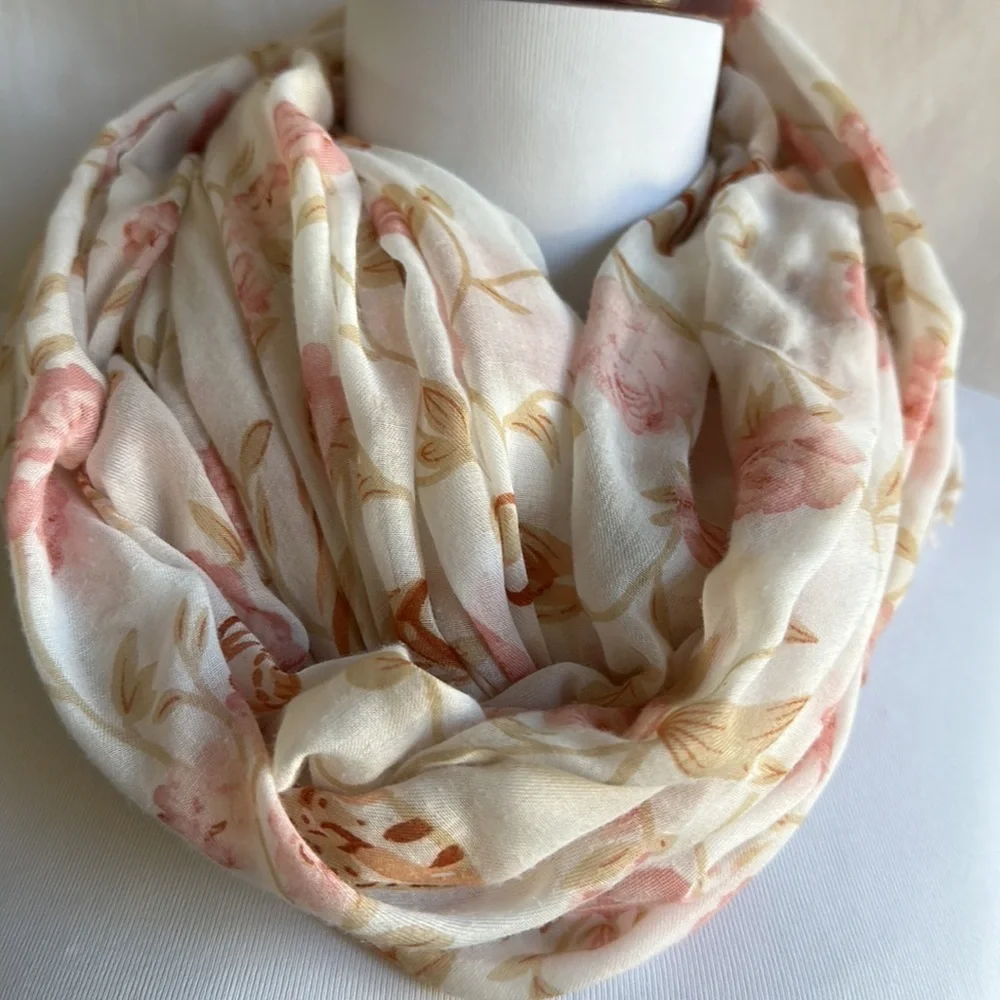 Cream/tan/brown/pink scarf with rose/bird/butterfly print